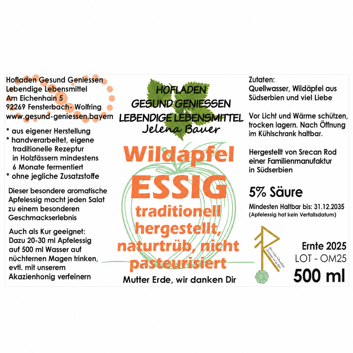 Apfel-Essig aus Wildäpfeln naturtrüb - 500 ml