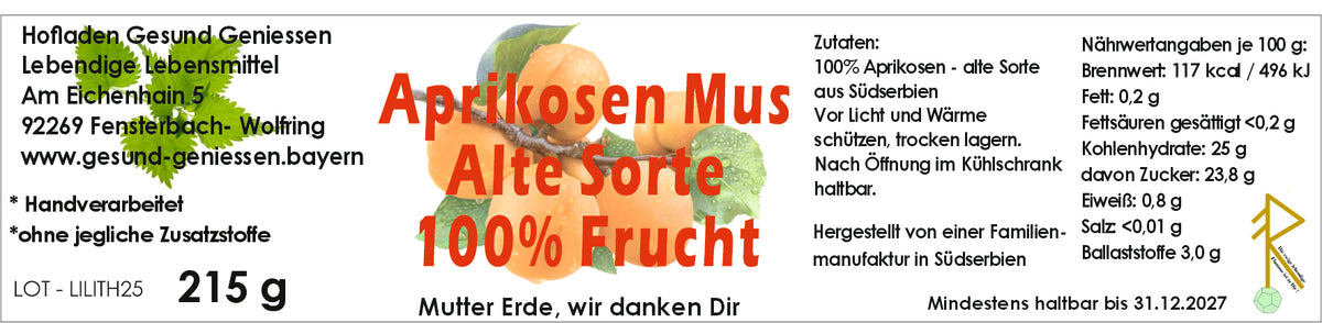 Aprikosen Mus 100% Frucht - Alte Sorte - 215g