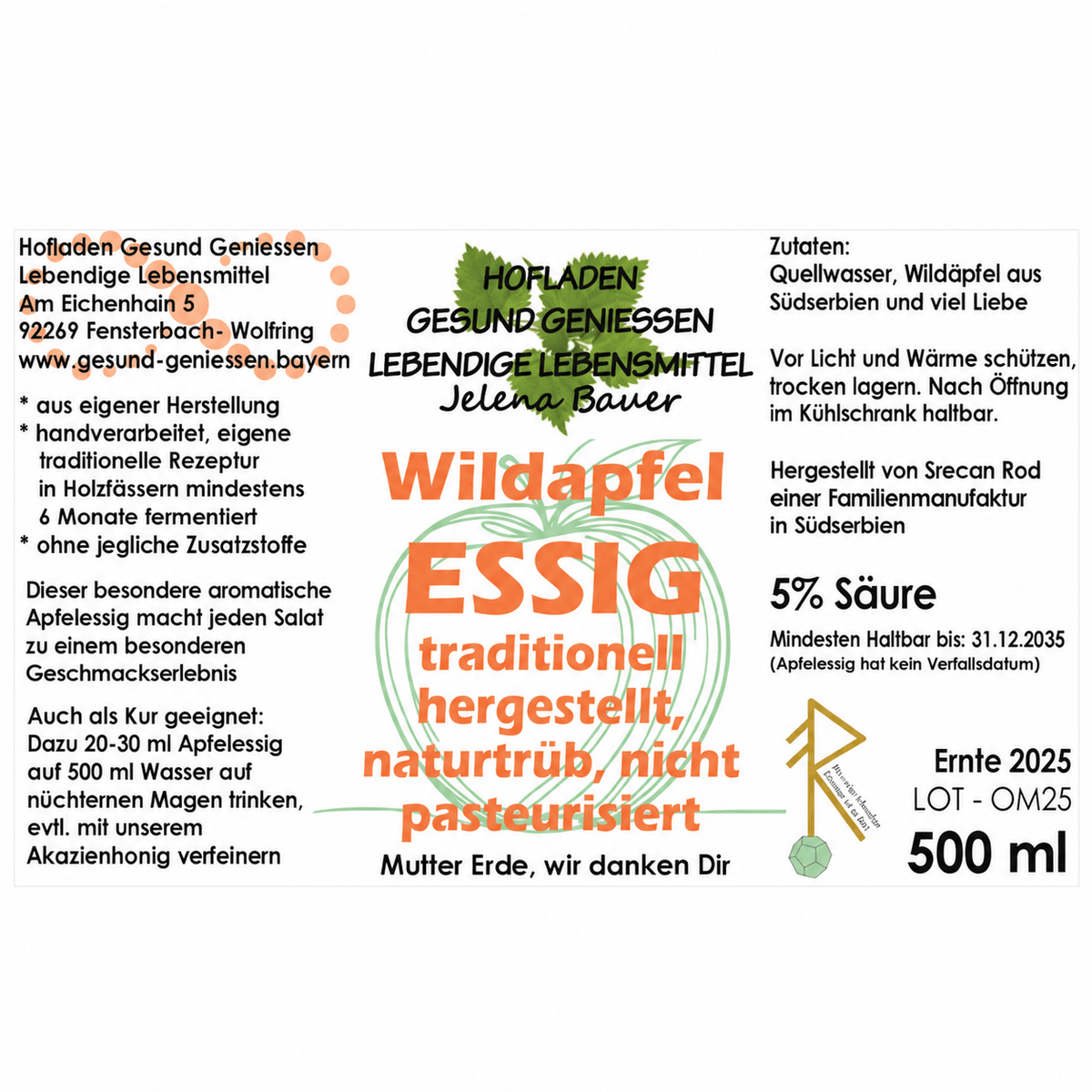 Apfel-Essig aus Wildäpfeln naturtrüb - 500 ml - Hofladen Gesund Geniessen
