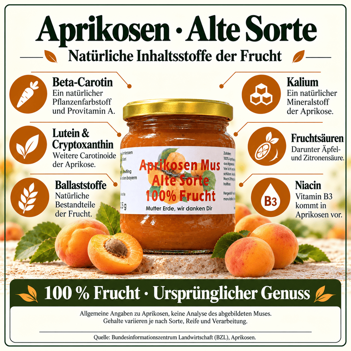 Aprikosen Mus 100% Frucht - Alte Sorte - 215g - Hofladen Gesund Geniessen