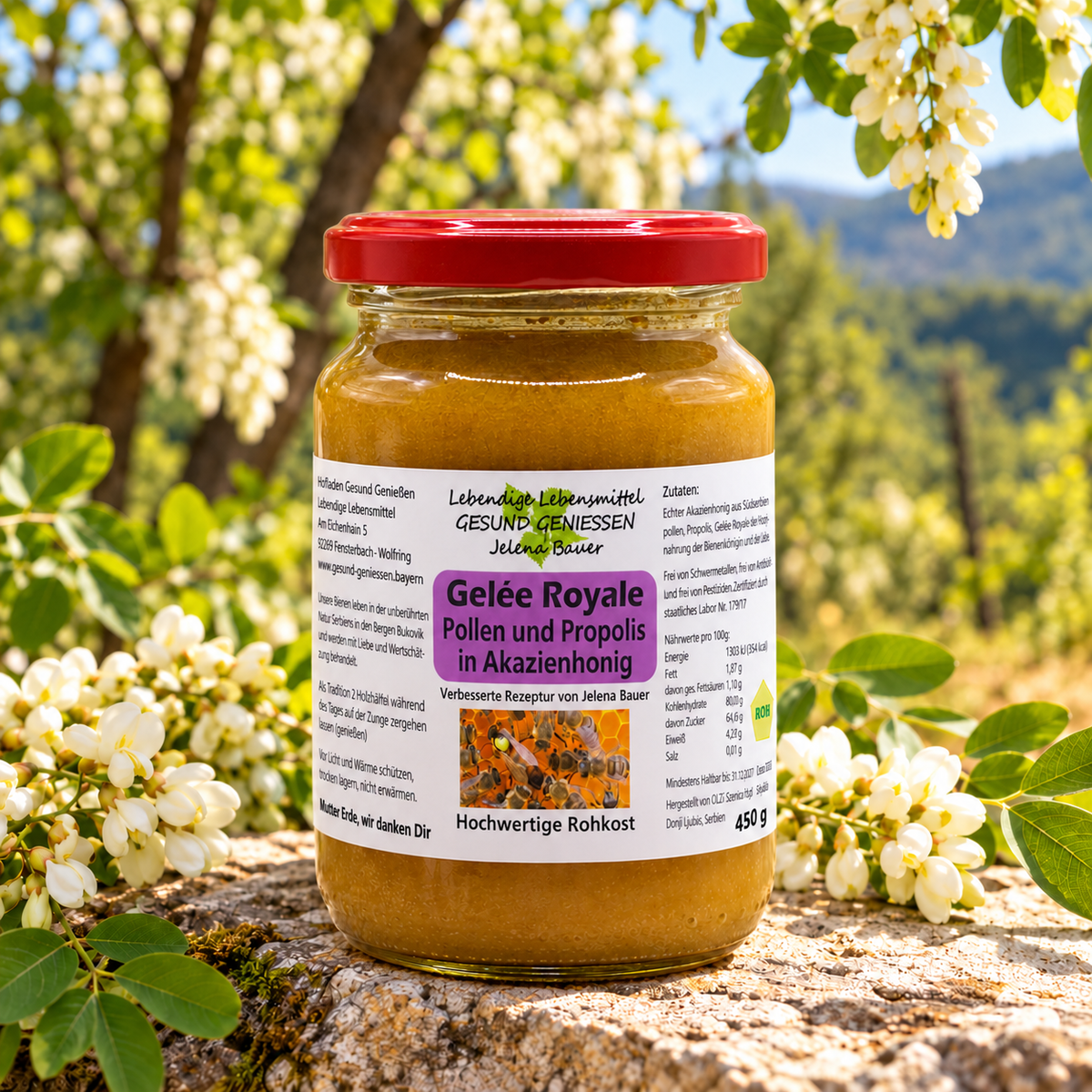 Gelée Royale mit Blütenpollen und Propolis in Akazienhonig - 450 g - Hofladen Gesund Geniessen