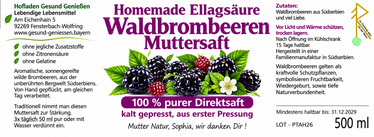Homemade Ellagsäure - Waldbrombeeren Muttersaft - 500 ml - Hofladen Gesund Geniessen