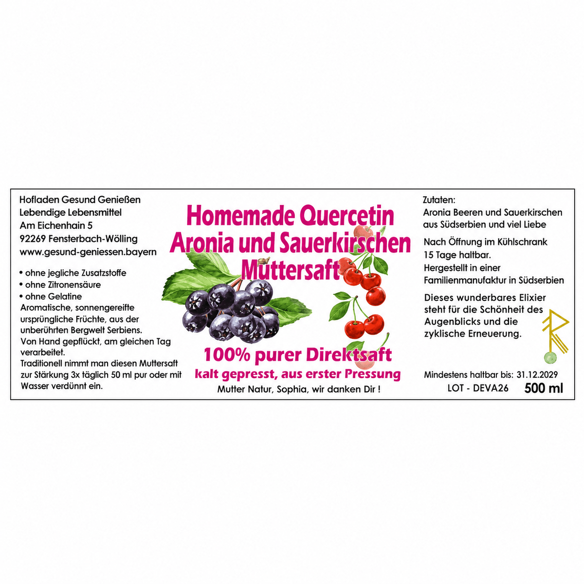 Homemade Quercetin Aronia und Sauerkirschen Muttersaft - 500 ml - Hofladen Gesund Geniessen
