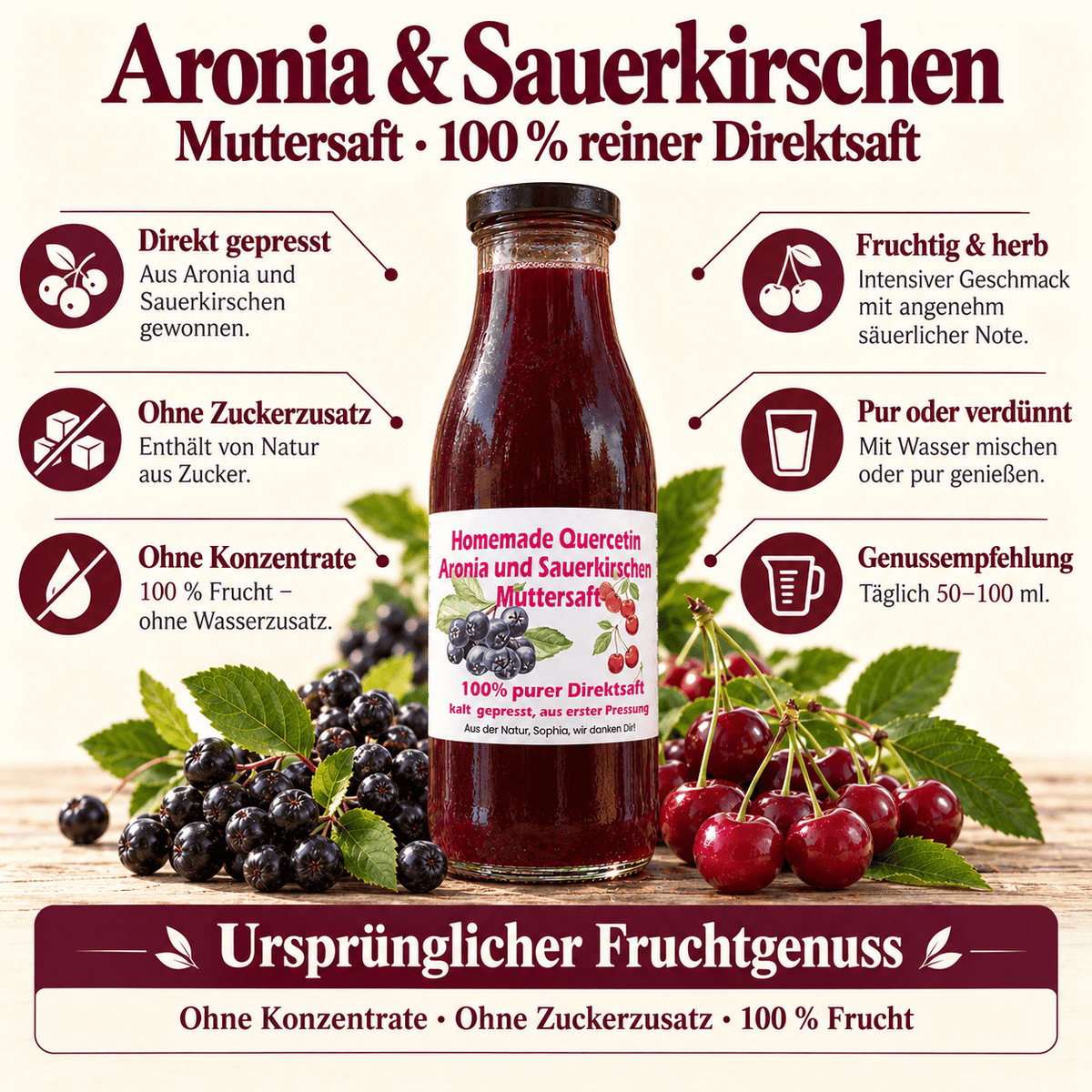 Homemade Quercetin Aronia und Sauerkirschen Muttersaft - 500 ml - Hofladen Gesund Geniessen