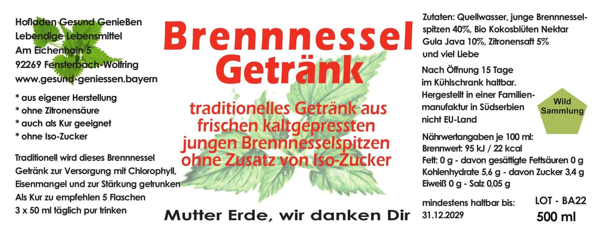 Kurpaket 5 Flaschen Brennnessel Getränk ohne Iso-Zucker - nach alter serbischer Tradition - 500 ml - Hofladen Gesund Geniessen
