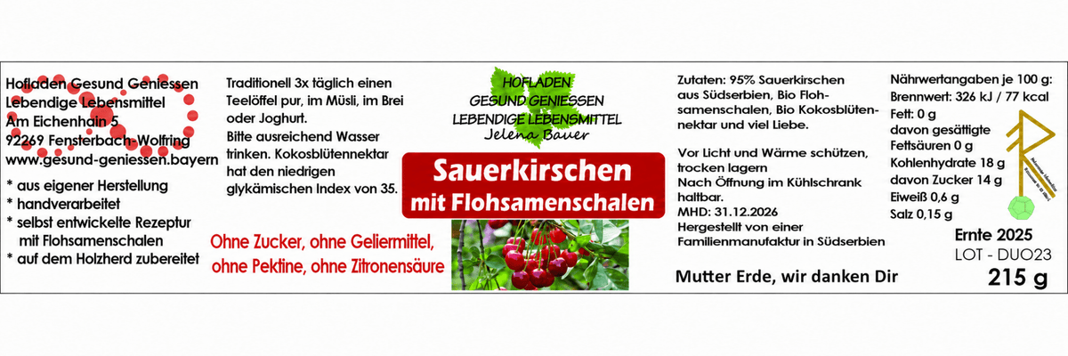 Kurpaket Sauerkirschenmus 5 Gläser - 95% Frucht mit Flohsamenschalen - Hofladen Gesund Geniessen