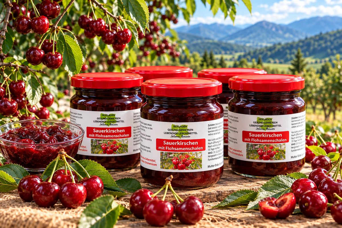 Kurpaket Sauerkirschenmus 5 Gläser - 95% Frucht mit Flohsamenschalen - Hofladen Gesund Geniessen