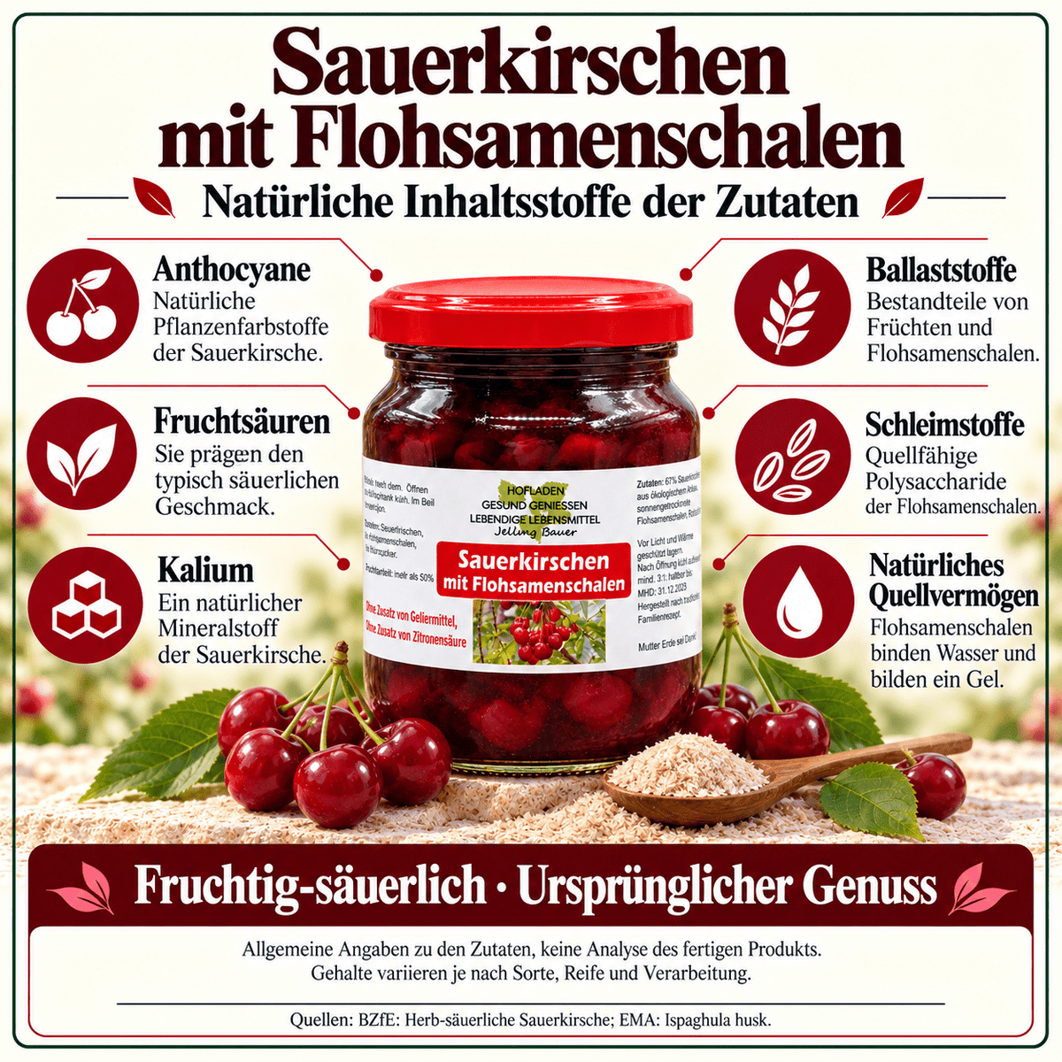 Kurpaket Sauerkirschenmus 5 Gläser - 95% Frucht mit Flohsamenschalen - Hofladen Gesund Geniessen