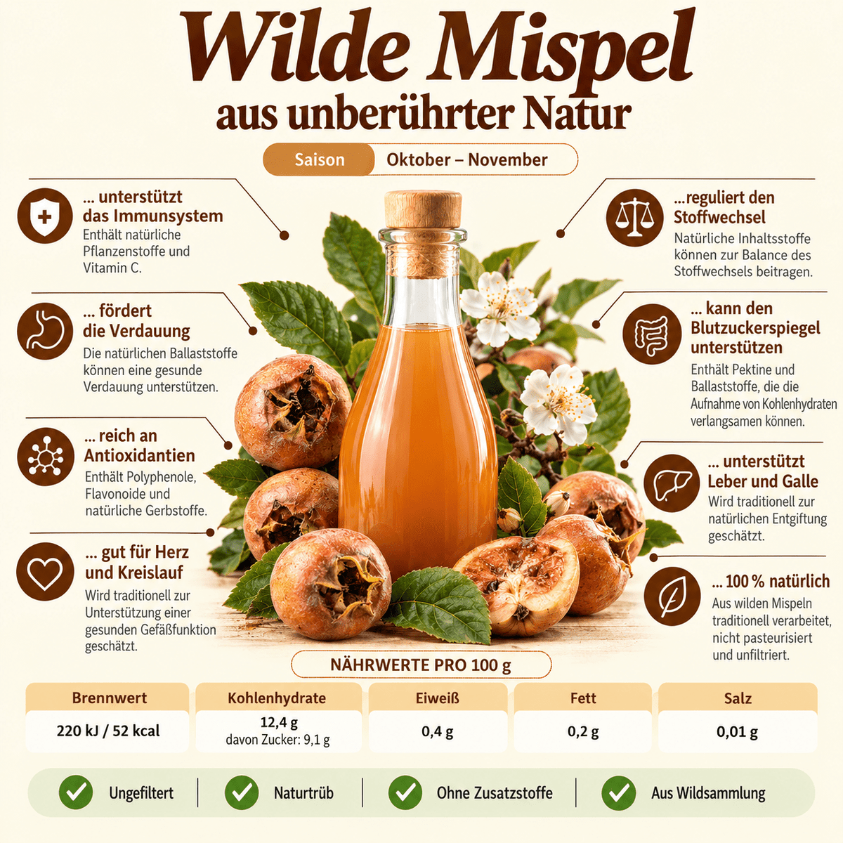 Kurpaket Wilde Mispel Mus - 100% Frucht - 215 g - Hofladen Gesund Geniessen