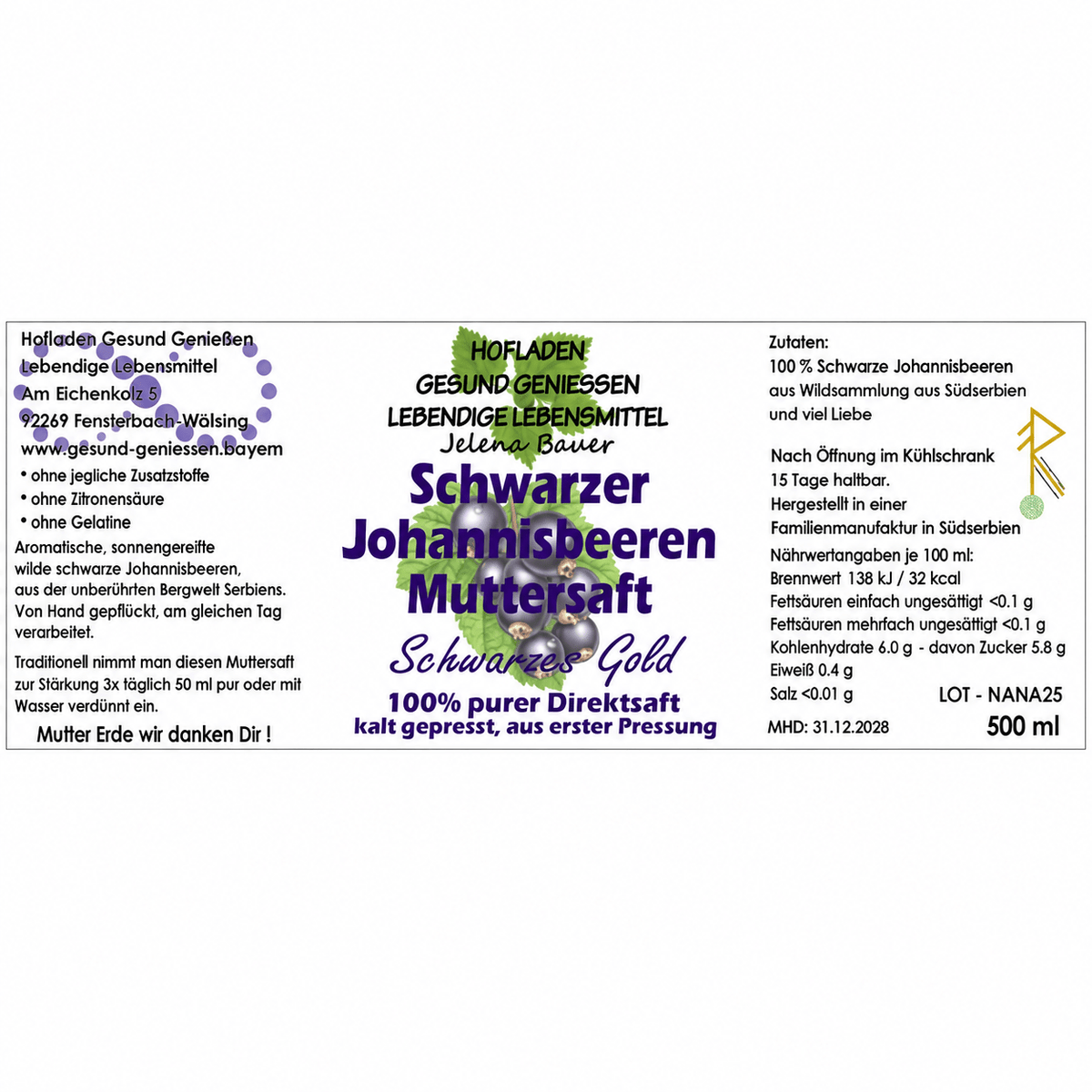 Schwarzer Johannisbeere Muttersaft - 500 ml - Hofladen Gesund Geniessen