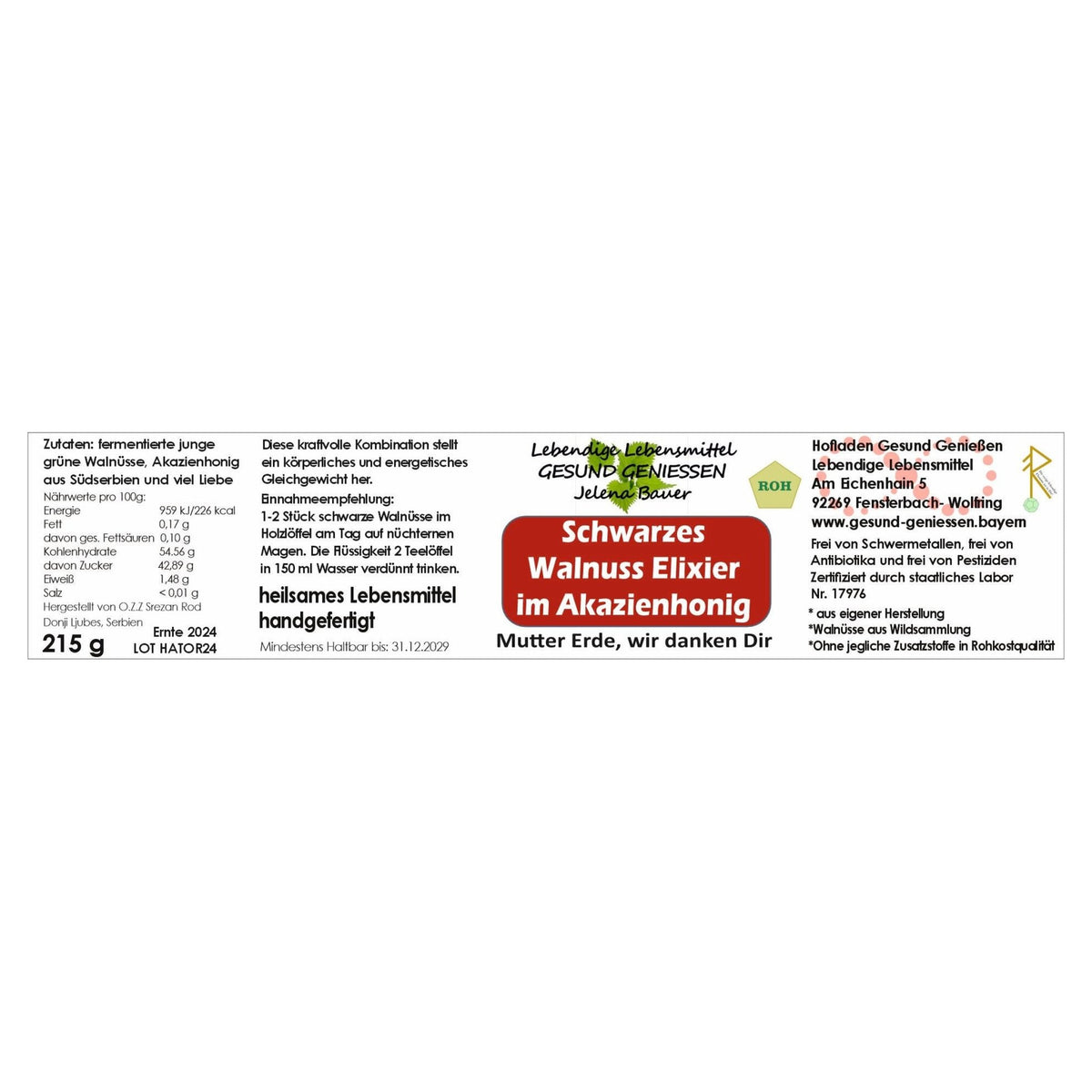Schwarzes Walnuss Jod-Elixier in Akazienhonig - 215g - Hofladen Gesund Geniessen