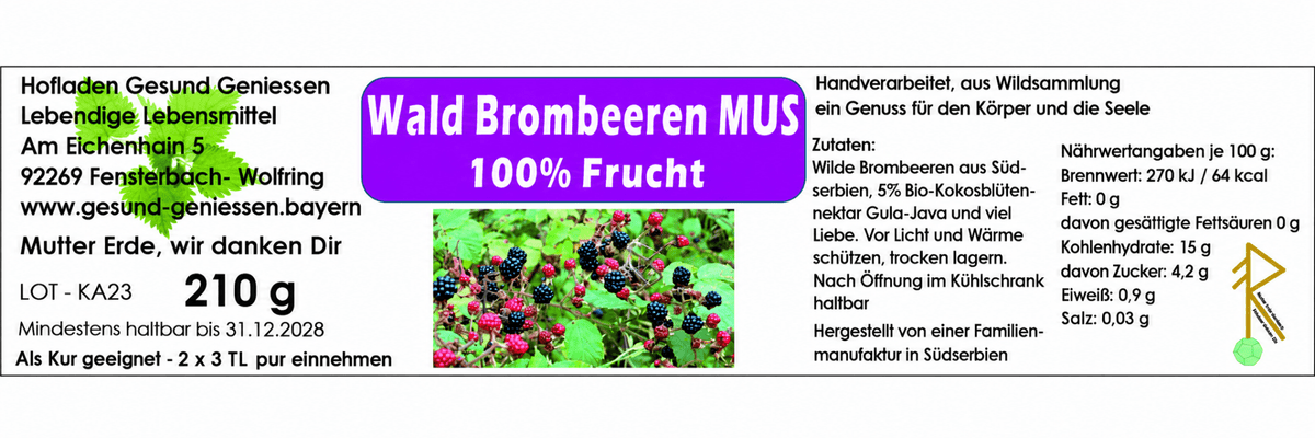 Wald-Brombeeren Mus - 100 % Wildfrucht ohne Zuckerzusatz - 215g - Hofladen Gesund Geniessen