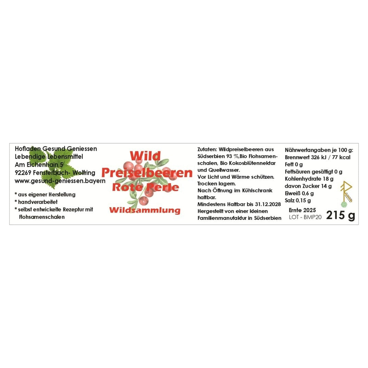 Waldpreiselbeeren-Mus „Rote Perle“ – Genusspaket mit 5 × 215 g - Hofladen Gesund Geniessen
