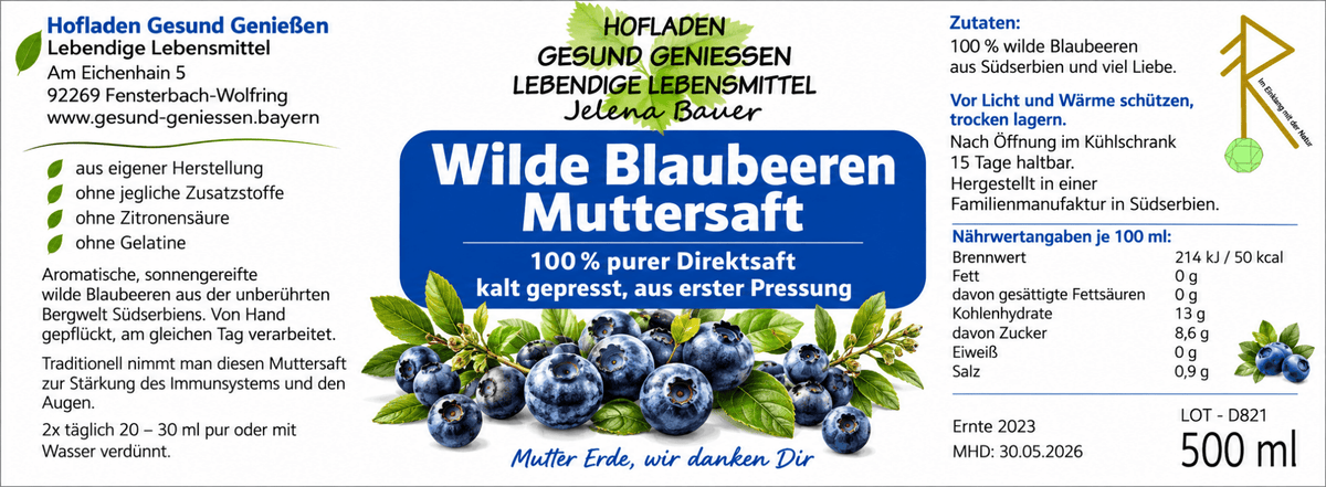 Wilde Blaubeeren Muttersaft - 100% purer Direktsaft - 500 ml - Hofladen Gesund Geniessen
