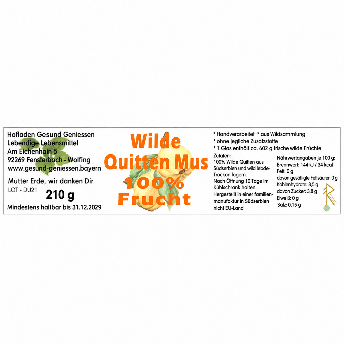 Wilde Quitten Mus 100% Frucht - 210 g - Hofladen Gesund Geniessen