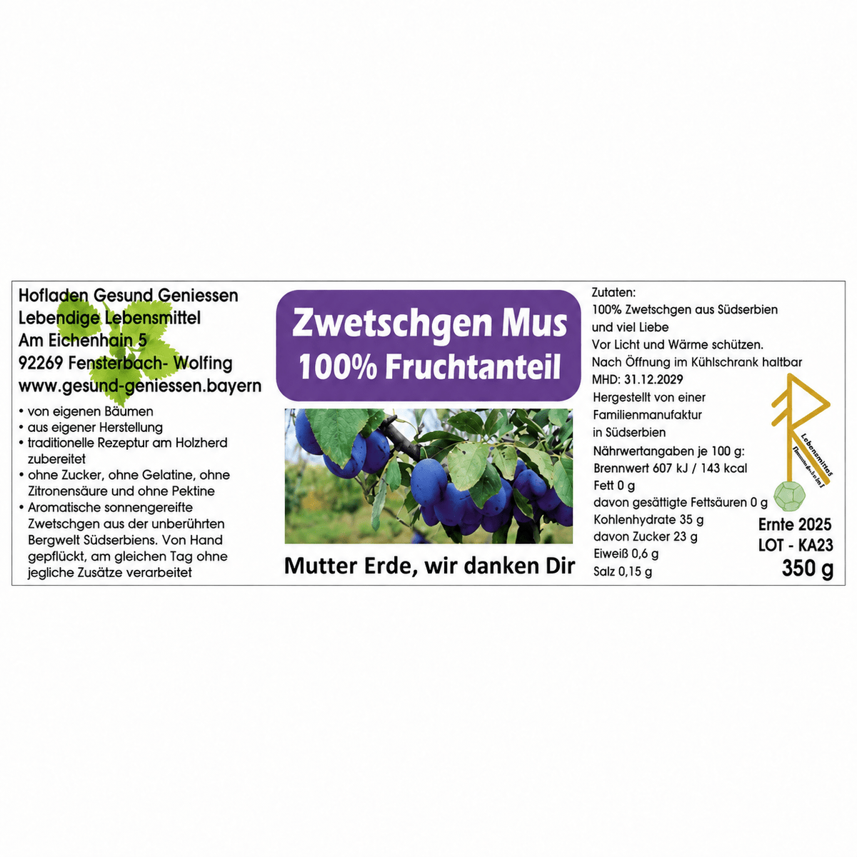 Zwetschgen Mus ohne Zucker 350 g - 100% Fruchtanteil - Hofladen Gesund Geniessen